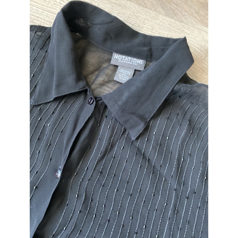 Notation Sheer‎ Black Blouse Button Up  Large Sequin Long Sleeve New Year's Eve
